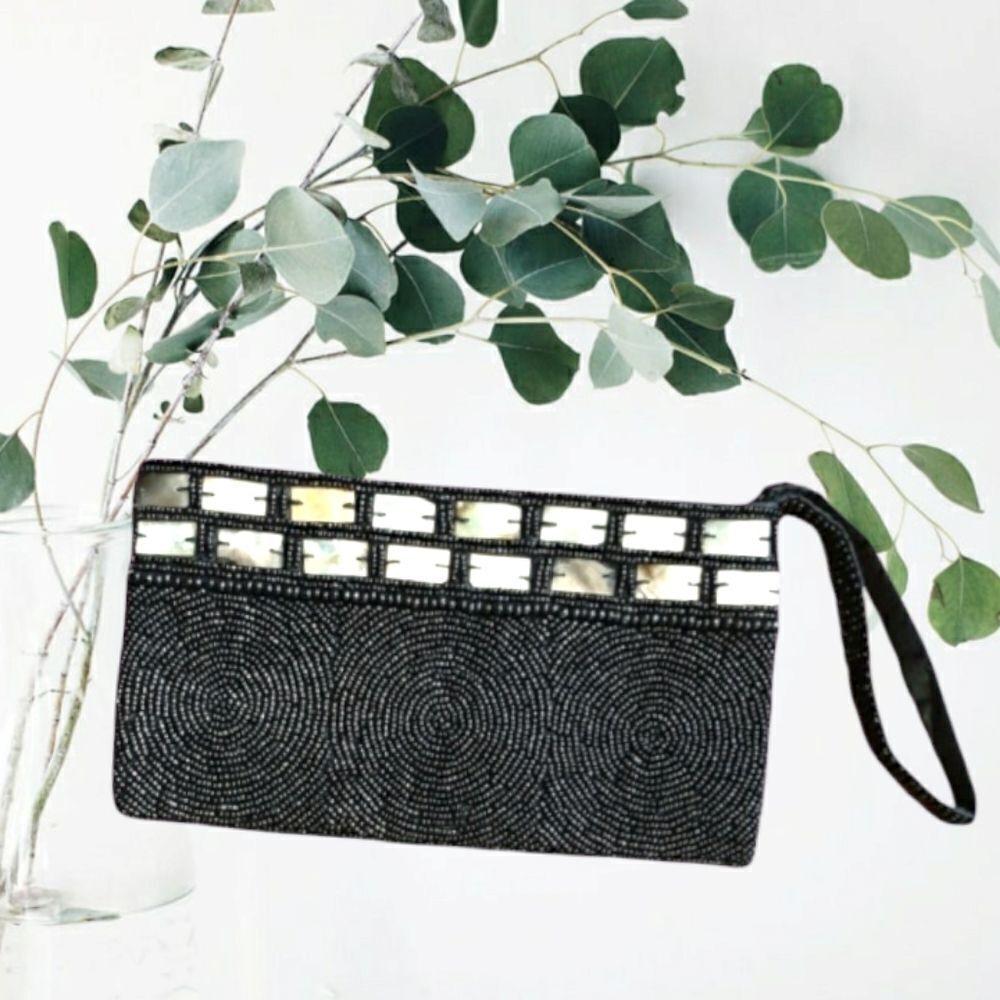 Black clutch with abalone shell and black beads